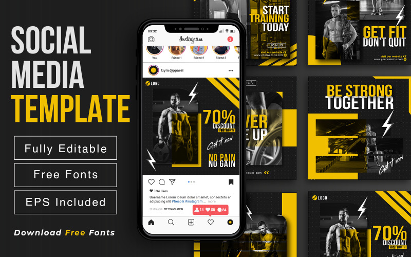 Gym- Fitness Training Social Media Post-Instagram promotional Ad Pack Mall