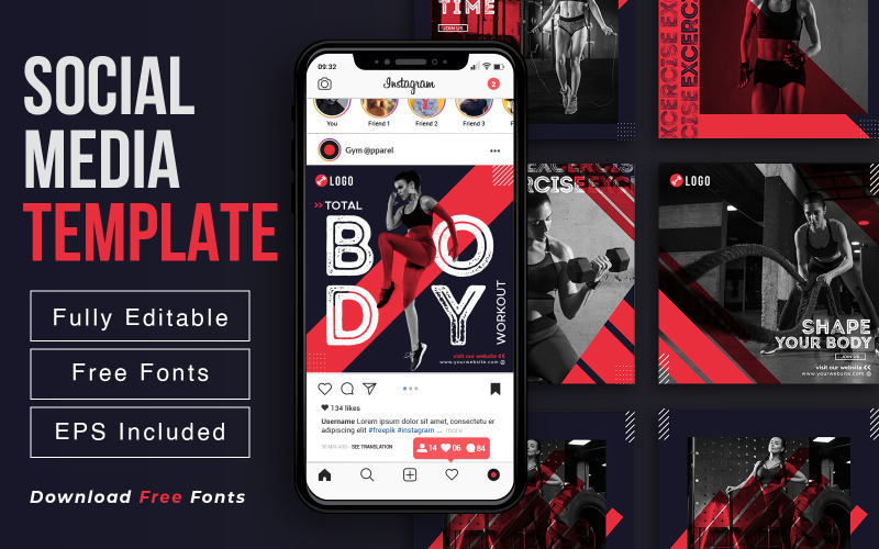Projeto de modelo de anúncio promocional pós-Instagram para condicionamento físico e exercícios nas redes sociais