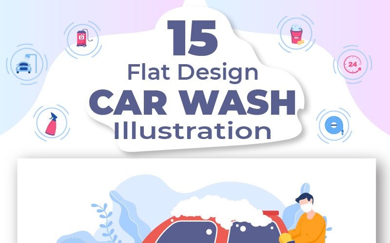 15 Ilustração de design plano de serviço de lavagem de carros