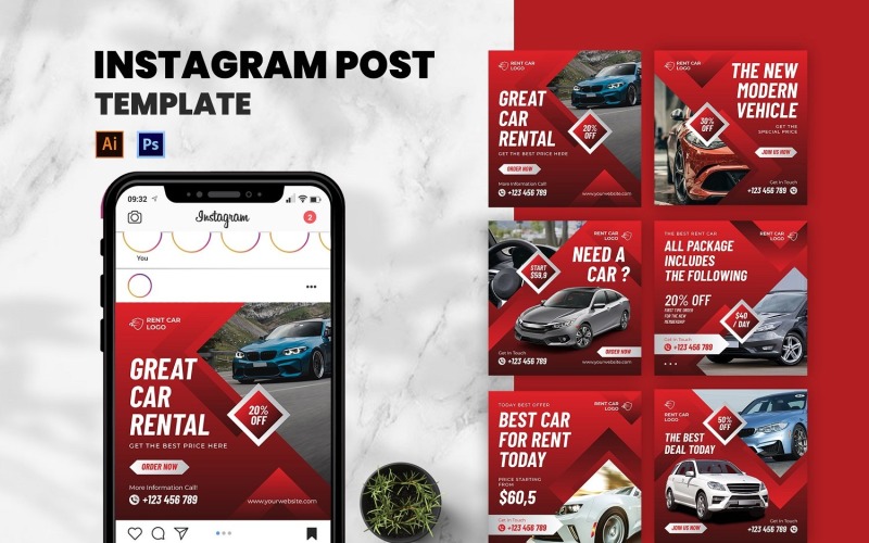 Modello di post Instagram per auto a noleggio