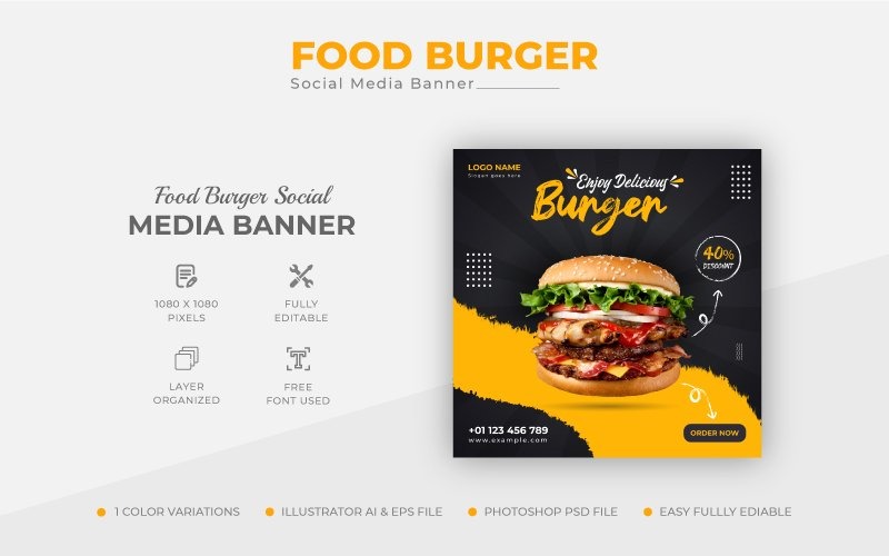 Modelo de banner de postagem de mídia social Burger Food