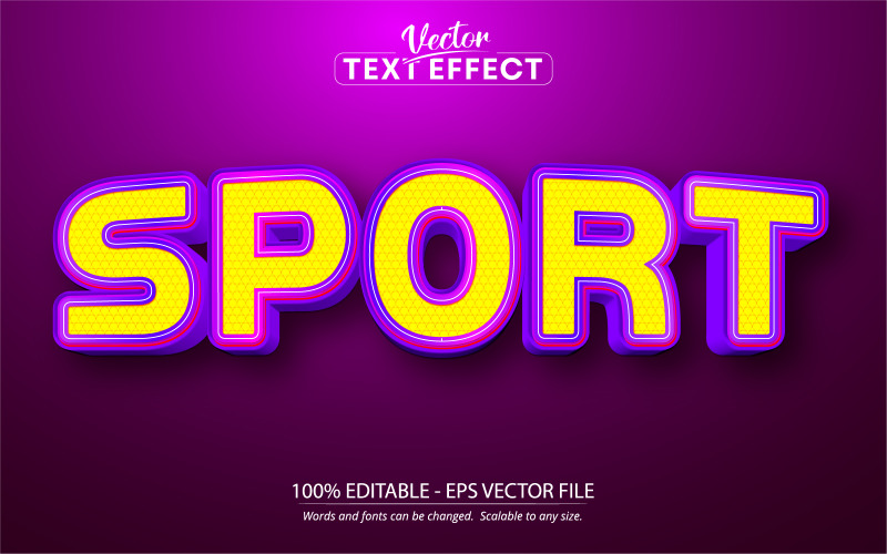 Deporte: estilo de color amarillo y morado, efecto de texto editable, estilo de fuente, ilustración gráfica