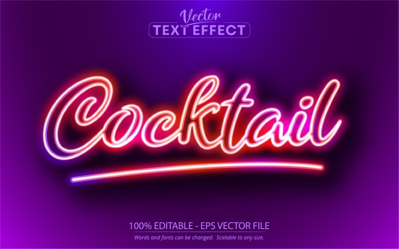 Koktejl - neonový styl, upravitelný textový efekt, styl písma, grafická ilustrace