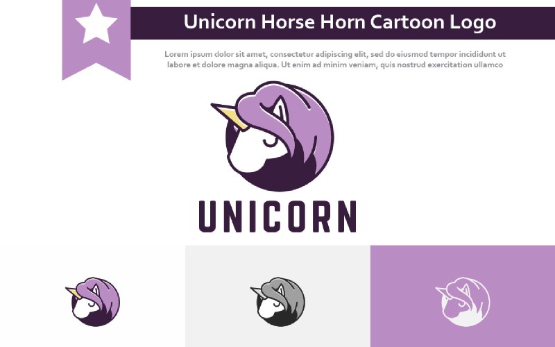 Mignon Licorne Cheval Corne Tête Animal Dessin Animé Logo