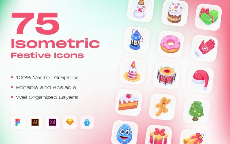 75 ícones festivos isométricos