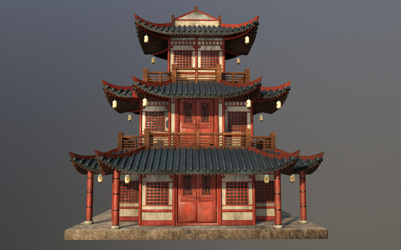 Modelo 3D de edificio realista asiático japonés y chino