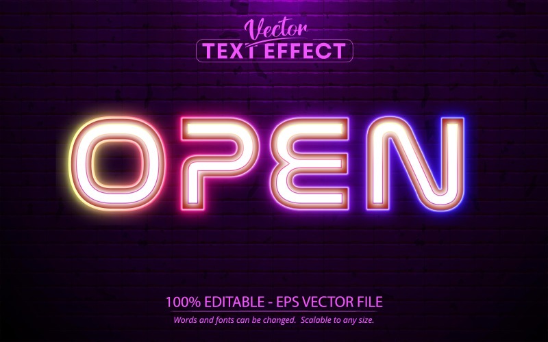 Aberto - Estilo neon brilhante, efeito de texto editável, estilo de fonte, ilustração gráfica