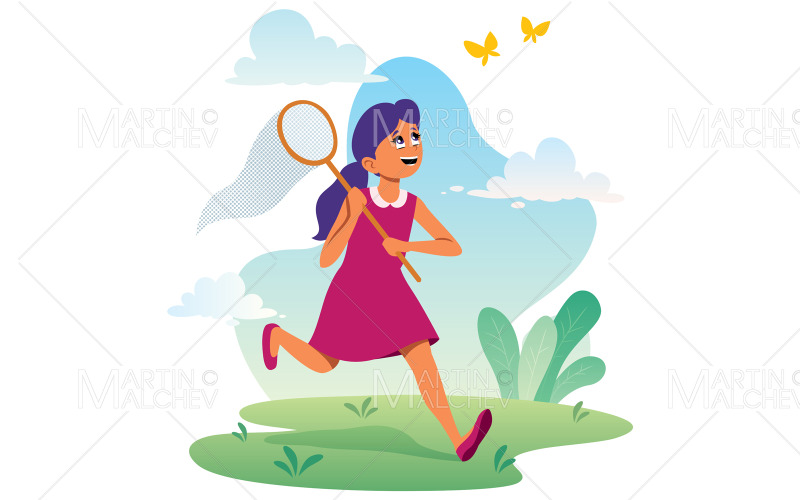 Meisje jaagt op vlinders vectorillustratie