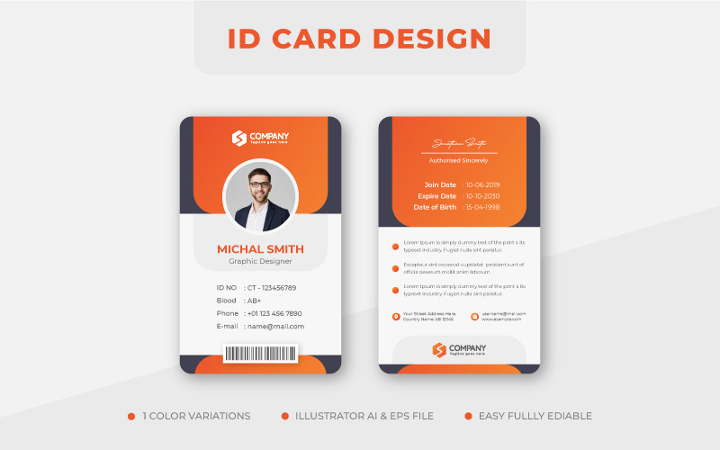 Schoon professioneel kantoor-ID-kaartontwerp met oranje kleur