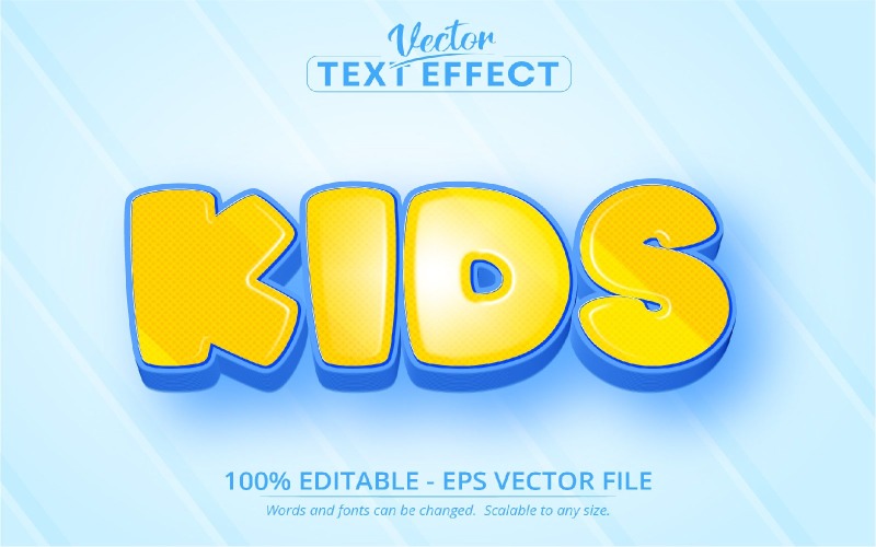 Niños: estilo de dibujos animados de color amarillo y azul, efecto de texto editable, estilo de fuente, ilustración gráfica