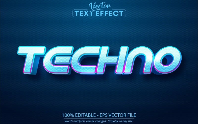 Techno - style dessin animé, effet de texte modifiable, style de police, illustration graphique