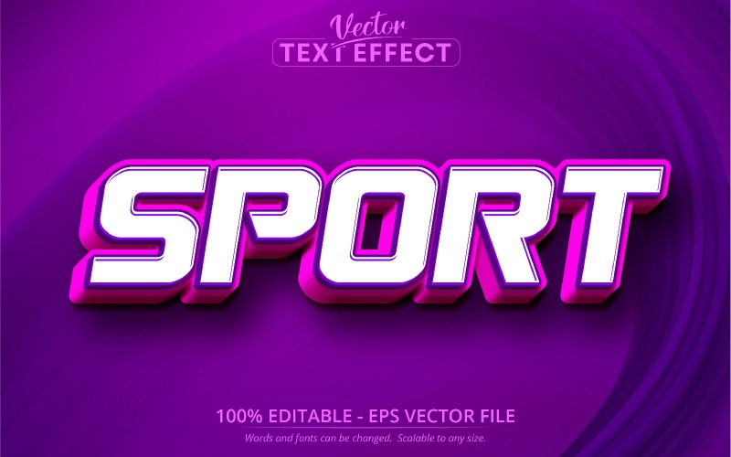 Deporte: estilo de dibujos animados de color púrpura, efecto de texto editable, estilo de fuente, ilustración gráfica