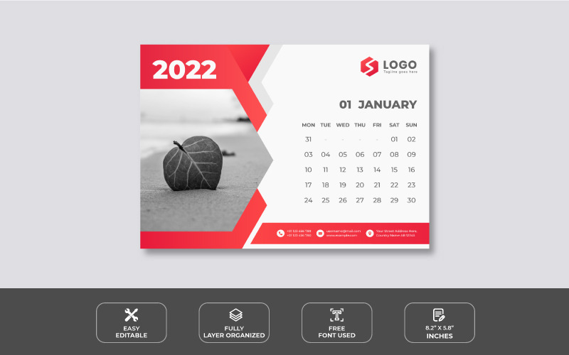 Czysty czerwony szablon projektu kalendarza na biurko 2022
