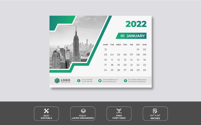 2022 Desk Calendar Design Template with green color