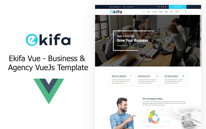Ekifa Vue - VueJs-sjabloon voor bedrijven en bureaus