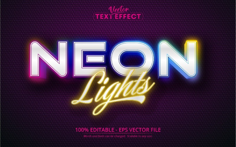 Luzes de néon - estilo de brilho de néon colorido, efeito de texto editável, estilo de fonte, ilustração gráfica