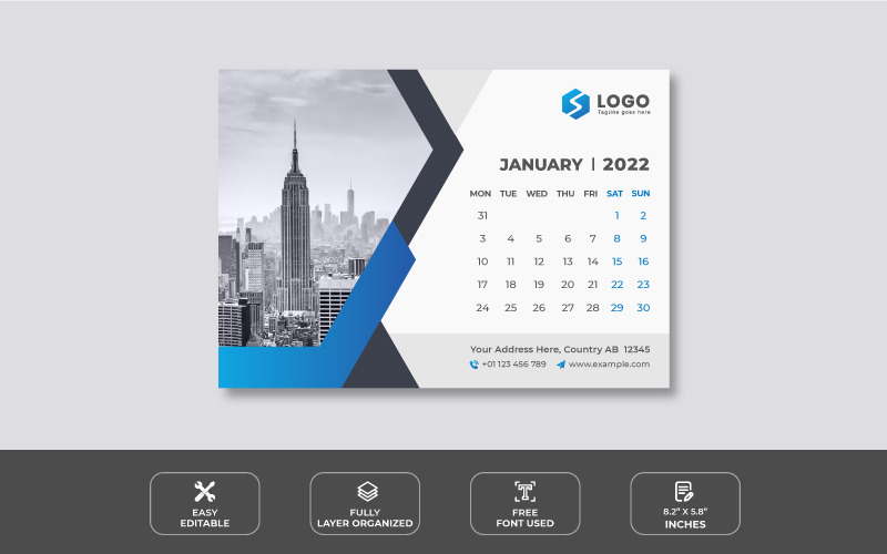 Ontwerpsjabloon voor schone bureaukalender 2022