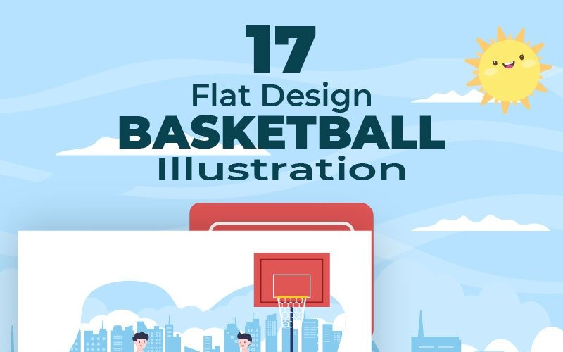 17 niños de dibujos animados jugando baloncesto ilustración plana