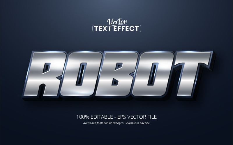 Robot - lesklý stříbrný styl upravitelný textový efekt, styl písma, grafická ilustrace