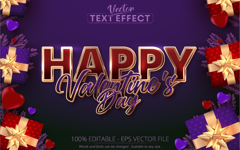 Alles Gute zum Valentinstag - bearbeitbarer Texteffekt, lila und roségoldener Schriftstil, grafische Illustration