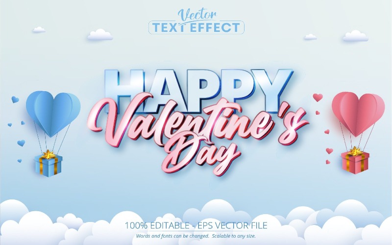 Alla hjärtans dag - redigerbar texteffekt, mjuk blå tecknad teckensnittsstil, grafikillustration