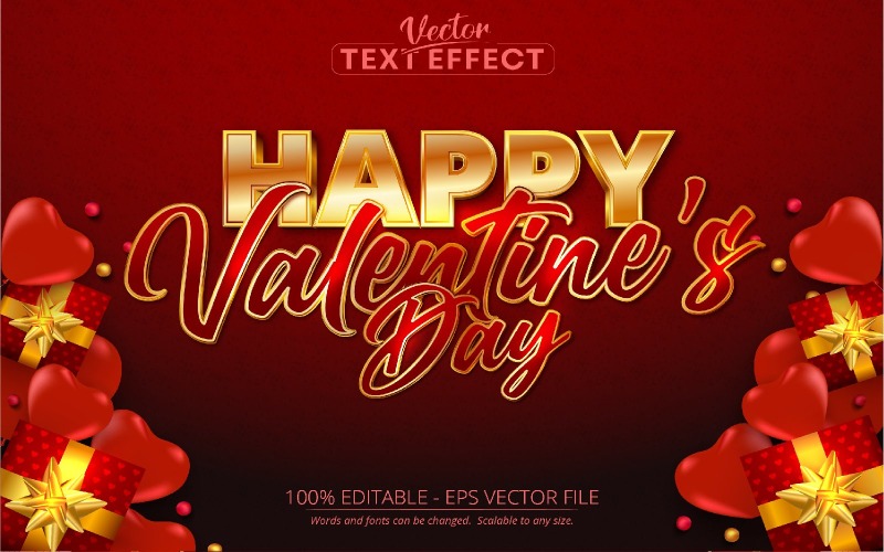Alles Gute zum Valentinstag - bearbeitbarer Texteffekt, glänzender goldener und roter Schriftstil, grafische Illustration