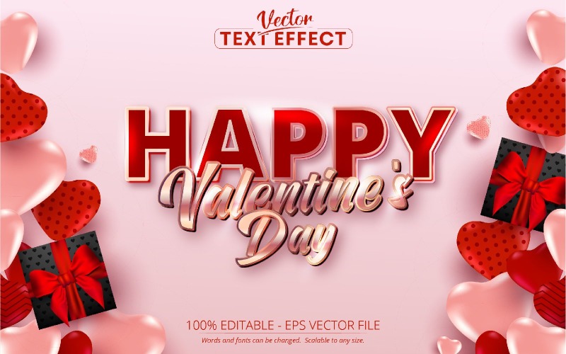 Feliz día de San Valentín: efecto de texto editable, estilo de fuente de oro rosa brillante, ilustración de gráficos