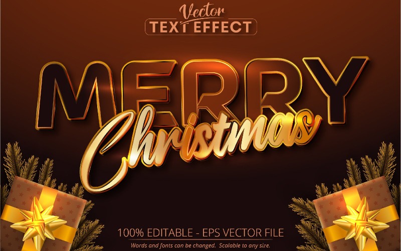 Frohe Weihnachten - bearbeitbarer Texteffekt, braune Farbe und goldener Schriftstil, grafische Illustration
