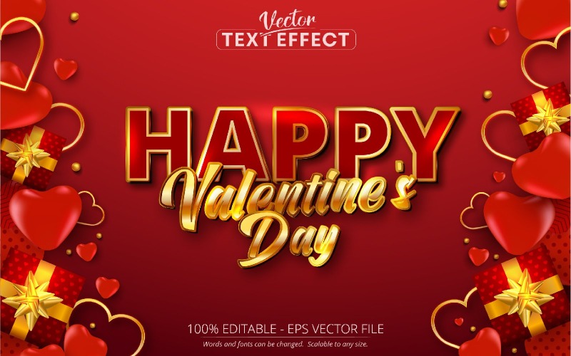 Happy Valentine's Day - bewerkbaar teksteffect, glanzend rood en goud lettertype, grafische illustratie