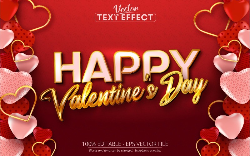 Šťastný Valentýn - upravitelný textový efekt, lesklý zlatý styl písma, grafická ilustrace