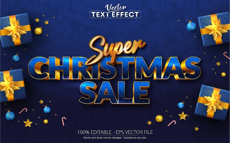 Супер рождественская распродажа - редактируемый текстовый эффект, синий цвет и золотой стиль шрифта, графическая иллюстрация