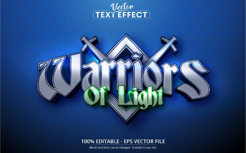 Warriors of Light - redigerbar texteffekt, glänsande metalliskt silver teckensnitt, grafisk illustration