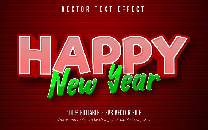 Bonne année - effet de texte modifiable, style de police de dessin animé rouge et vert, illustration graphique