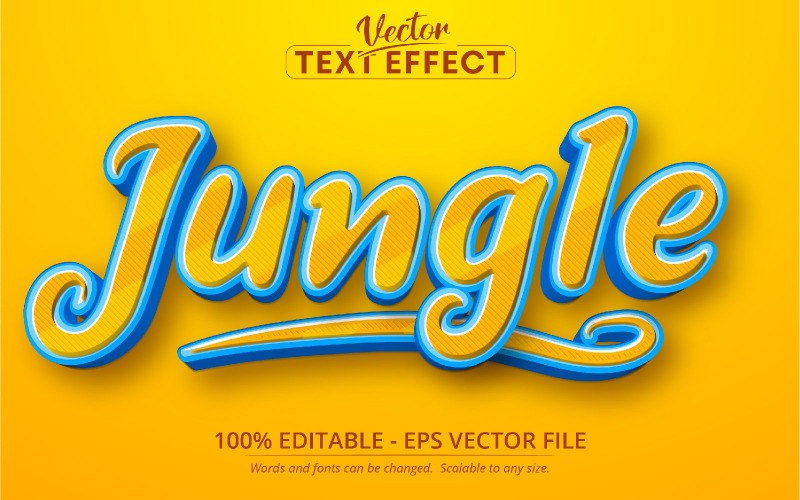 Djungel - redigerbar texteffekt, blå och gul färg tecknad teckensnittsstil, grafikillustration