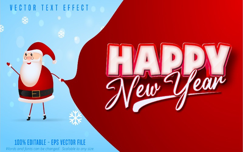 Felice anno nuovo: effetto testo modificabile, stile carattere Babbo Natale cartone animato, illustrazione grafica