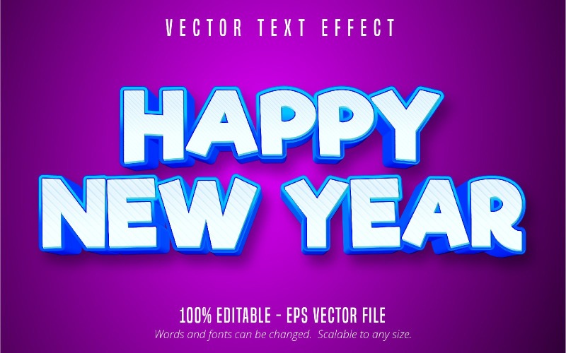 Feliz año nuevo: efecto de texto editable, estilo de fuente de dibujos animados púrpura, ilustración gráfica