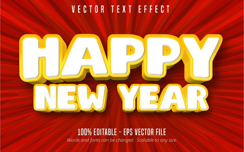 Feliz año nuevo: efecto de texto editable, estilo de fuente de dibujos  animados y arte pop,