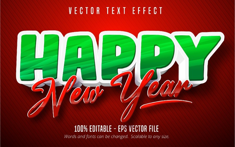 Feliz año nuevo - Efecto de texto editable, estilo de fuente de dibujos animados y juego, ilustración gráfica