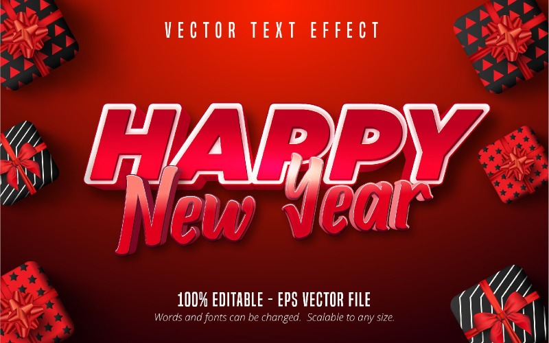 Feliz año nuevo: efecto de texto editable, juego rojo y estilo de fuente de dibujos animados, ilustración gráfica