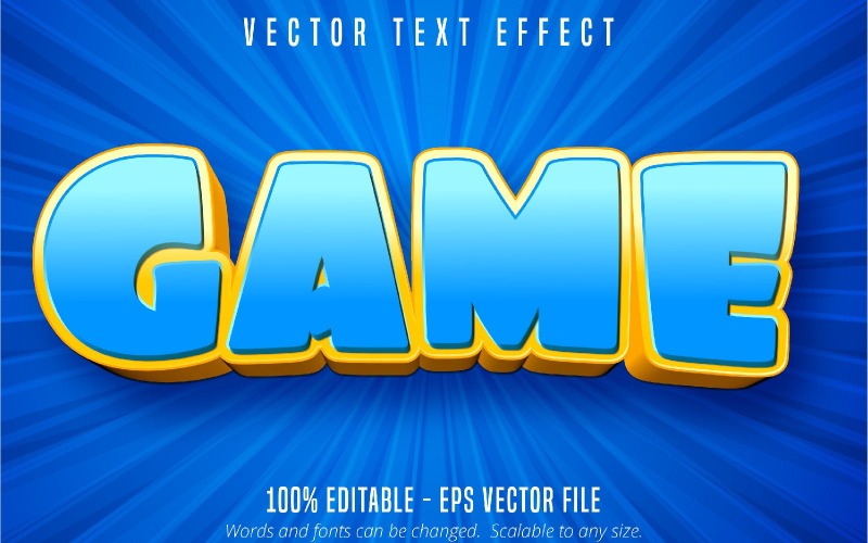 Jogo - efeito de texto editável, estilo de fonte de desenho animado amarelo e azul, ilustração gráfica