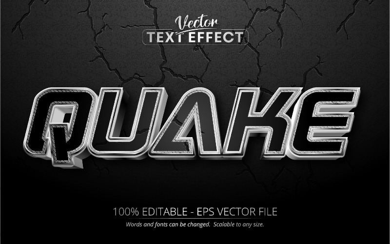 Quake: efecto de texto editable, estilo de fuente con textura metálica oscura, ilustración gráfica