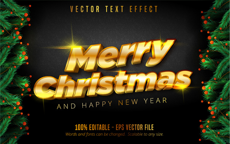 С Рождеством - редактируемый текстовый эффект, стиль шрифта блестящего золотого цвета, графическая иллюстрация