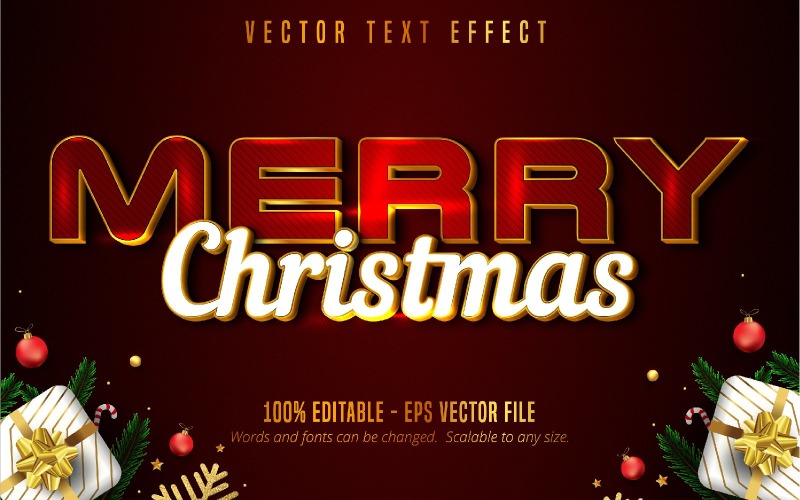 С Рождеством - редактируемый текстовый эффект, стиль шрифта мультяшного и золотого цвета, графическая иллюстрация