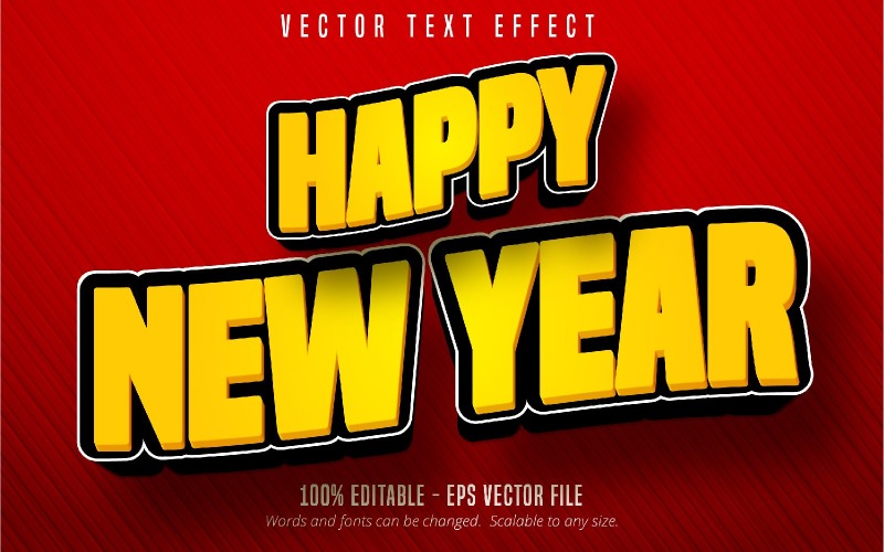 Šťastný nový rok - upravitelný textový efekt, žlutý a černý kreslený styl písma, ilustrace grafiky