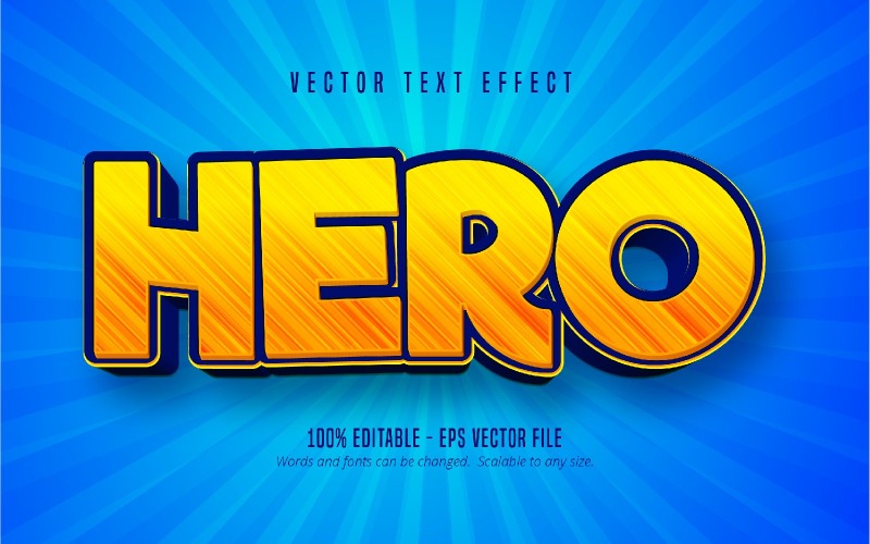 Hero - Efecto de texto editable, estilo de fuente de dibujos animados amarillo, ilustración gráfica