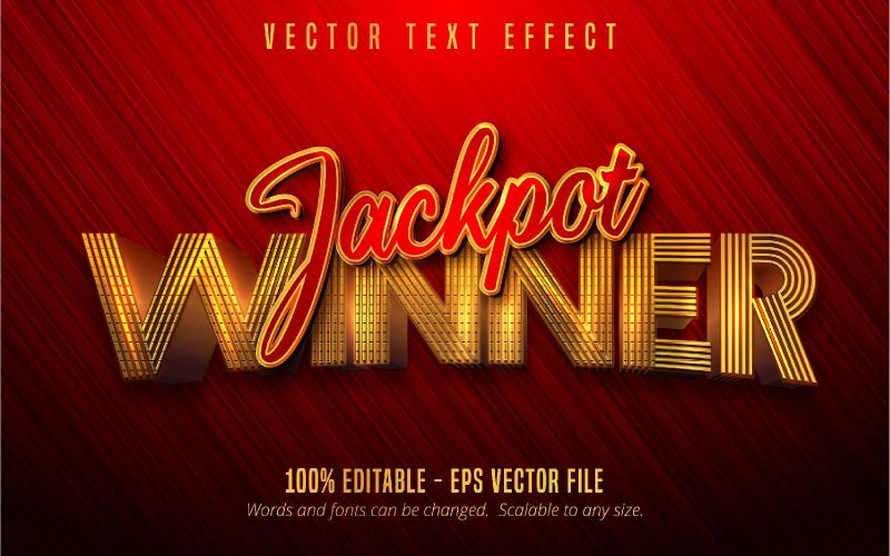 Jackpot nyertes – szerkeszthető szövegeffektus, texturált arany és piros betűtípus, grafikus illusztráció