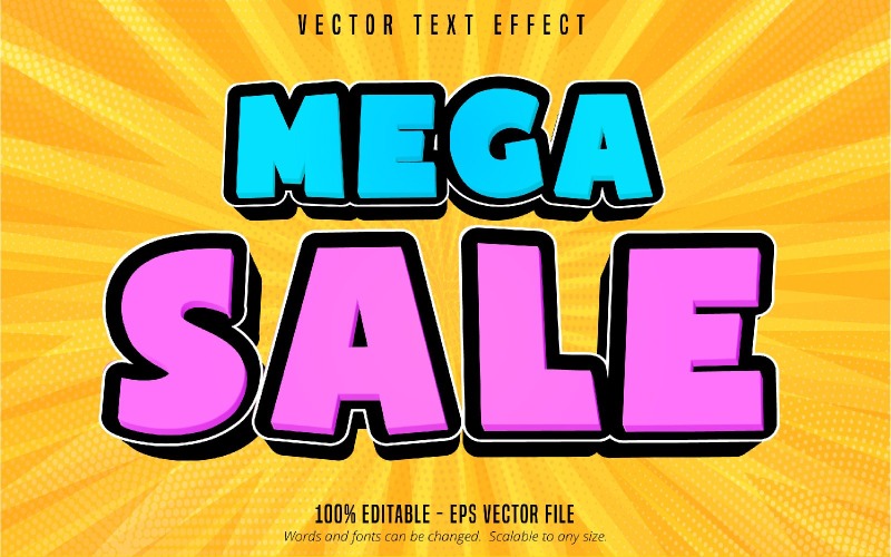 Mega vendita - effetto testo modificabile, stile carattere cartone animato blu e viola, illustrazione grafica