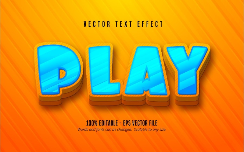 Play - Efeito de texto editável, estilo de fonte de desenho animado em azul e laranja, ilustração gráfica