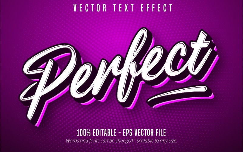 Perfecto: efecto de texto editable, dibujos animados de color púrpura y estilo de fuente mínimo, ilustración gráfica