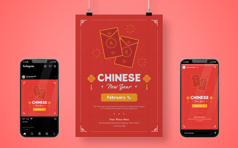 Червоний конверт китайський новий рік плакат шаблон